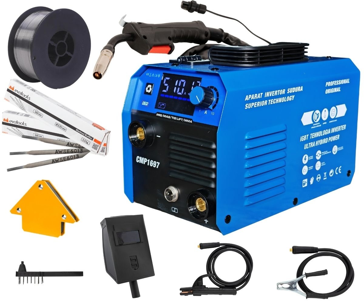 *SUPER PACHET* Aparat de sudura tip Invertor cu sarma 495A, + x2 pachet electrozi 1kg, x1 sarma sudura 1kg, magnet sudura, MMA/MIG/MAG afisaj digital, ventilat, URAL MASH IGBT TEHNOLOGY ULTRA HYBRID POWER, CMP1697