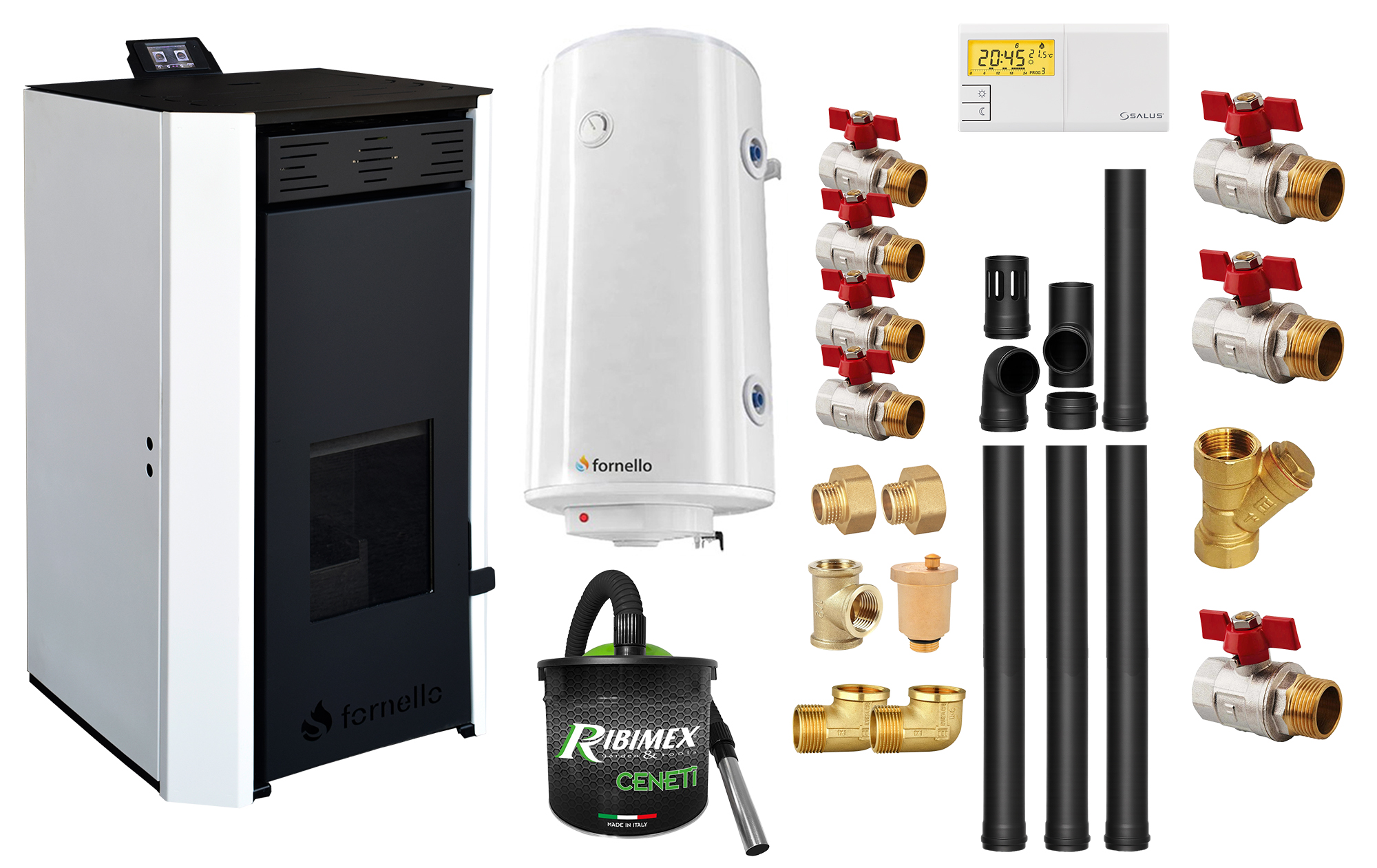 Pachet Termosemineu pe peleti Fornello EVA 30 KW, pompa circulatie, vas expansiune, WI-FI, buncar, tiraj fortat, kit evacuare 3.5 ml, termostat, aspirator, boiler 100L si Fitinguri montaj centrala/boiler