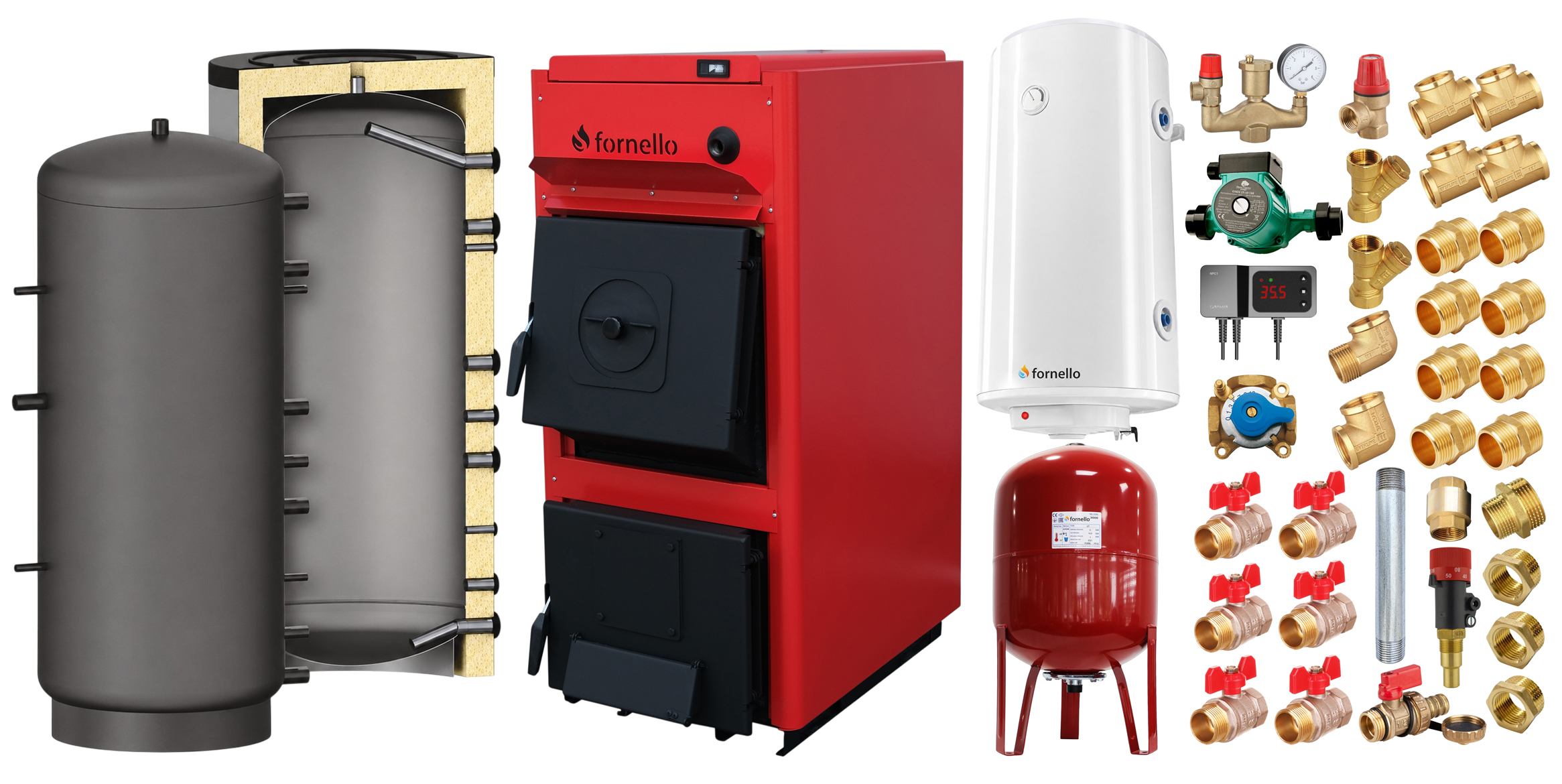 Pachet centrala pe combustibil solid Fornello T-PRO 30 kW, puffer, boiler, vas expansiune, fitinguri si accesorii de baza