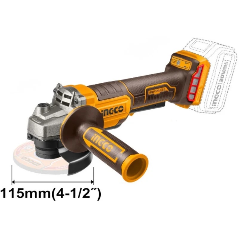 Flex unghiular INGCO CAGLI2111561E, 20V, Brushless, 115mm, 1000W, 3 trepte viteza, maner anti-vibratii, platforma P20S, 1 acumulator 4Ah, incarcator, 10 discuri si cutie transport - imagine 2