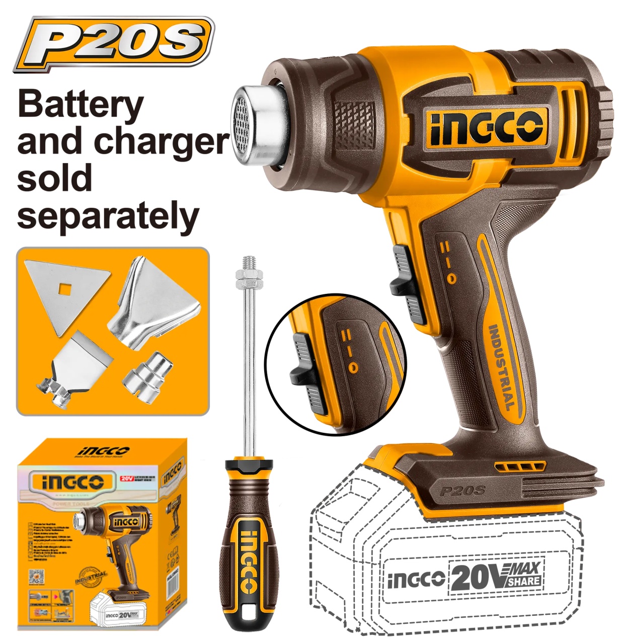 Pistol cu aer cald 20V HGLI2006, 300/550°C, 4 accesorii - imagine 2