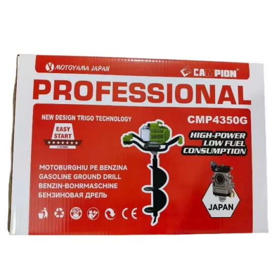 Motoburghiu pe benzina Campion, 8.5CP, motor 2 timpi 58cc, 9200rpm, burghie 100-300mm, adancime 800mm, rezervor 1.2L, 12kg, set forare pamant, model verde Italian Fresho CMP4350G GT-4350 - imagine 2