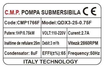 Pompa submersibila apa murdara cu plutitor, 750w, 1hp, 3mc/h, 25m inaltime, 2860rpm, Campion PROFESSIONAL CMP1766F - imagine 3