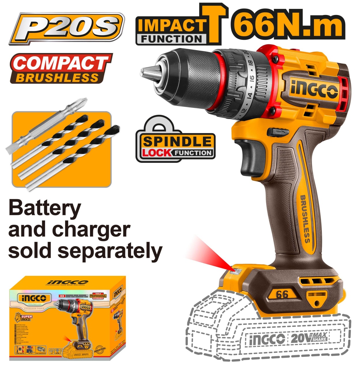 Masina de gaurit Bormasina 20V cu Impact 66Nm Mandrina Metalica, brushless, 2000rpm, fara acumulator Ingco CIDLI206681 - imagine 2