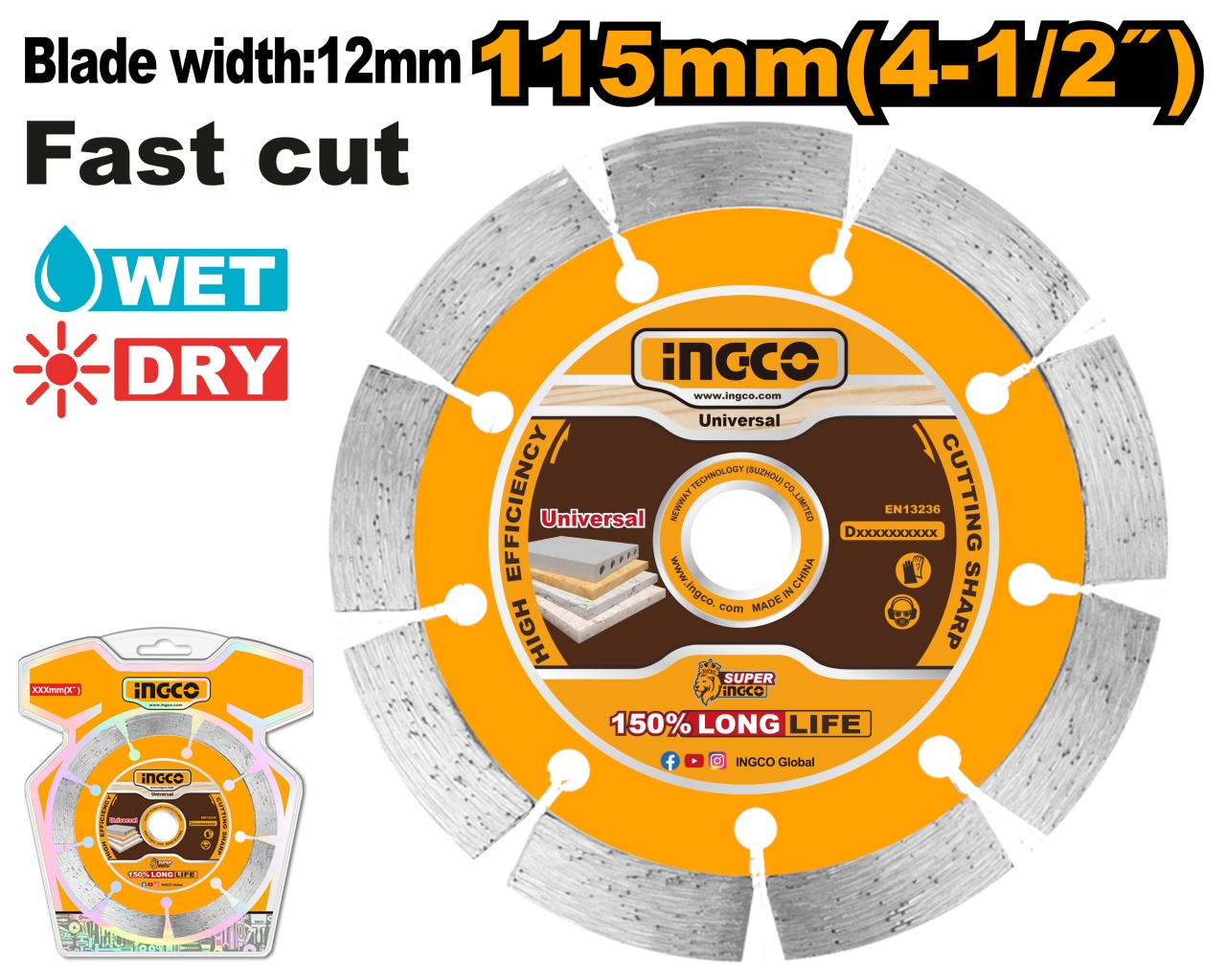 Disc Diamantat INGCO 180 mm pentru Beton, Granit, Marmură