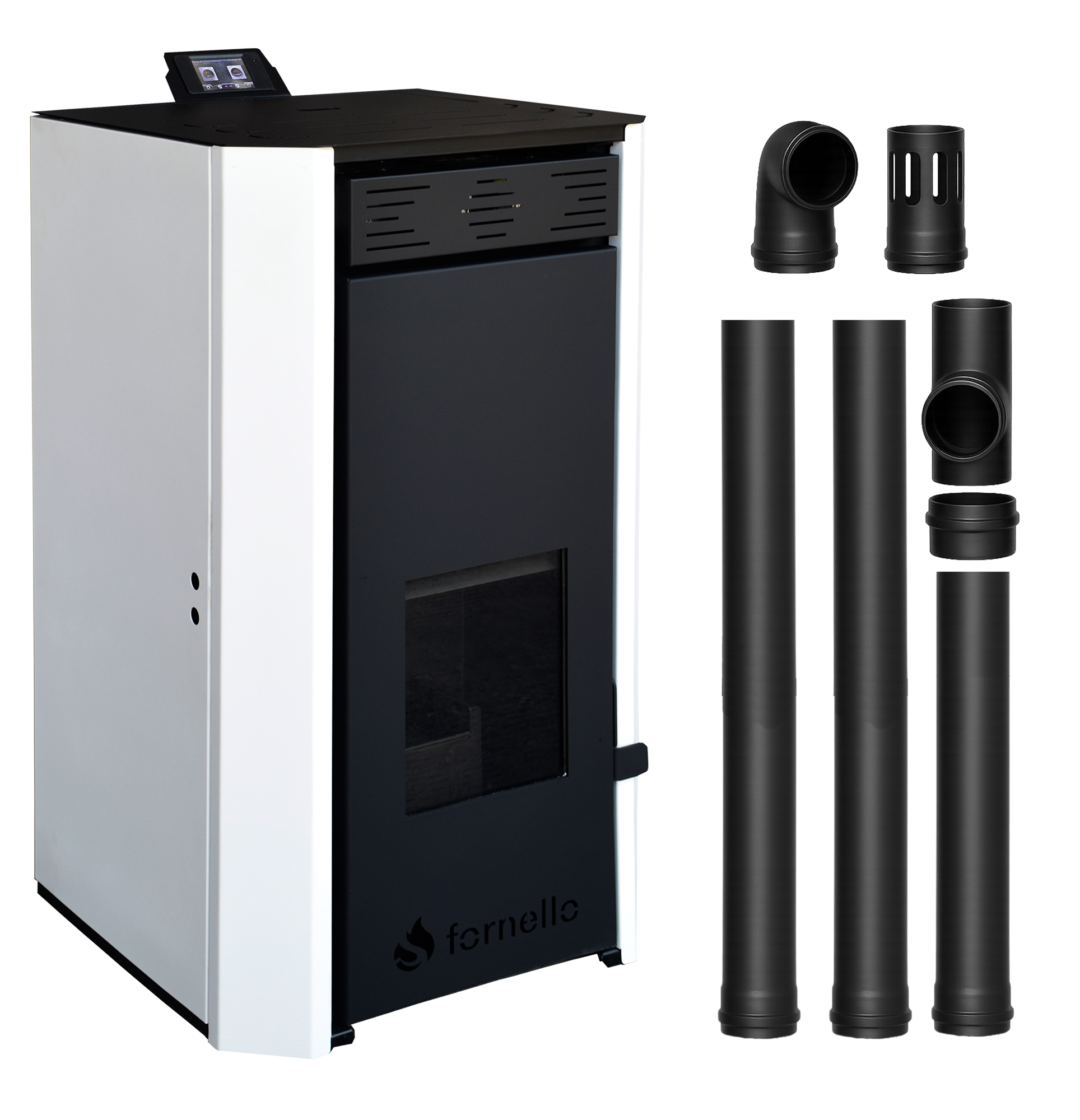 Pachet Termosemineu pe peleti Fornello EVA 30 KW, pompa circulatie, vas expansiune, Grup siguranta, WI-FI, buncar, tiraj fortat, kit evacuare 2.5 ml, Clasa A++, recomandat pentru 200 mp, Alb