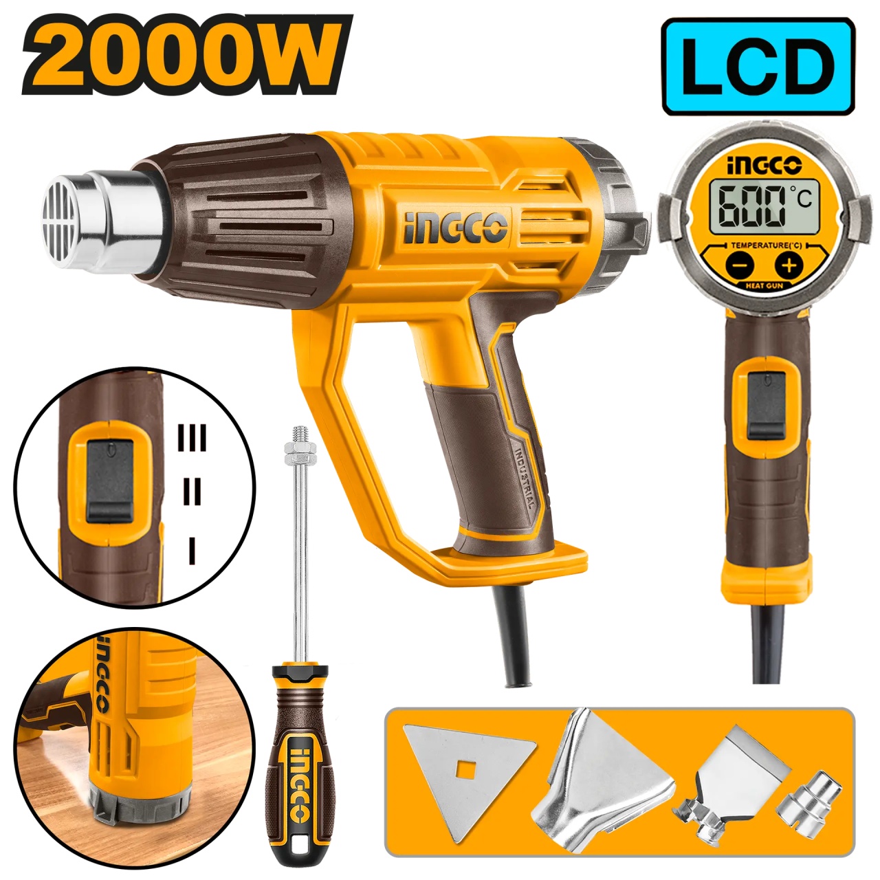 Pistol Aer Cald INGCO 2000W HG200058, Afișaj LCD, 50-600°C - imagine 2