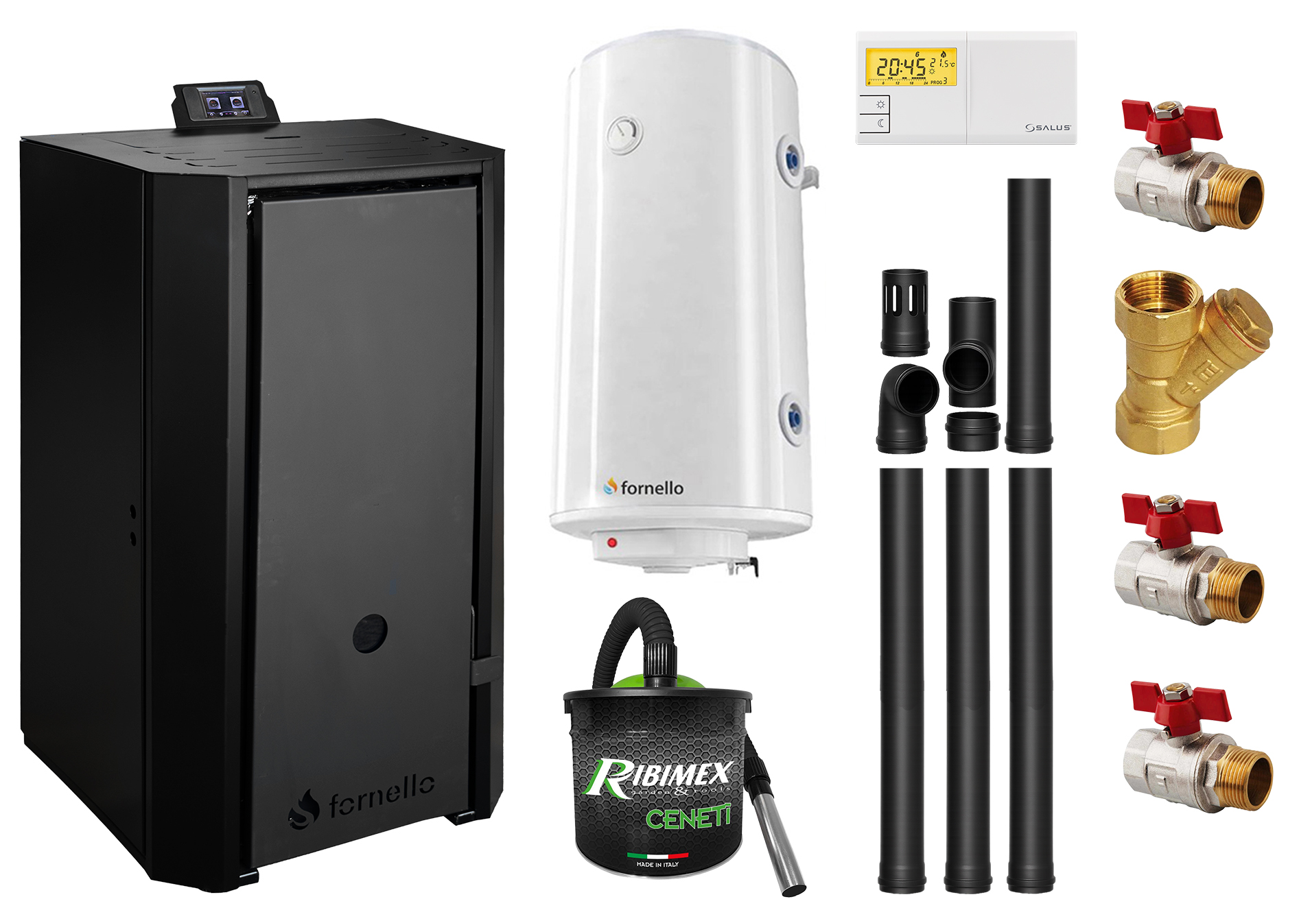 Pachet Centrala pe peleti Fornello EVA B Black 30 KW, pompa circulatie, vas expansiune, WI-FI, buncar, tiraj fortat, kit evacuare 3.5 ml, termostat, aspirator, boiler 100L si Fitinguri montaj