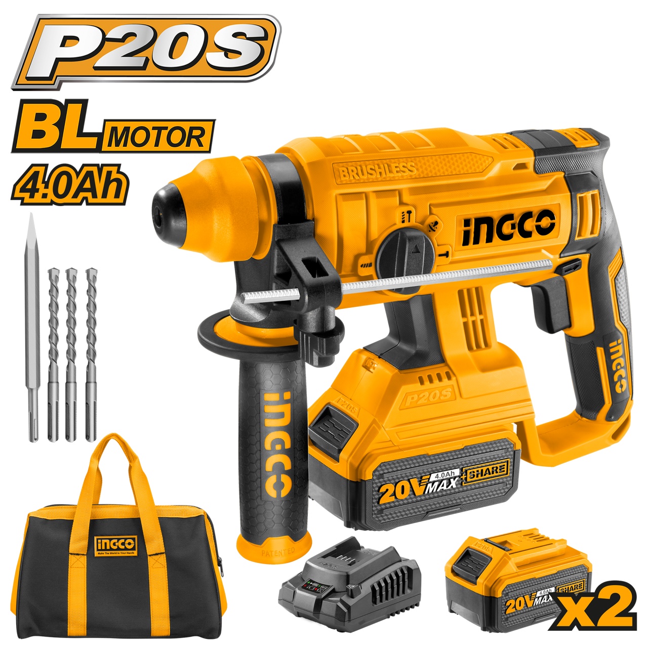 Ciocan Rotopercutor Ingco 20V BL + 2 Baterii 4Ah