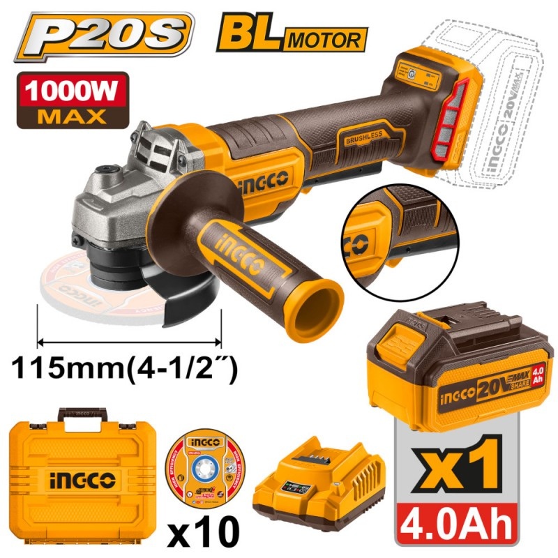 Flex unghiular INGCO 20V Brushless 115mm cu acumulator