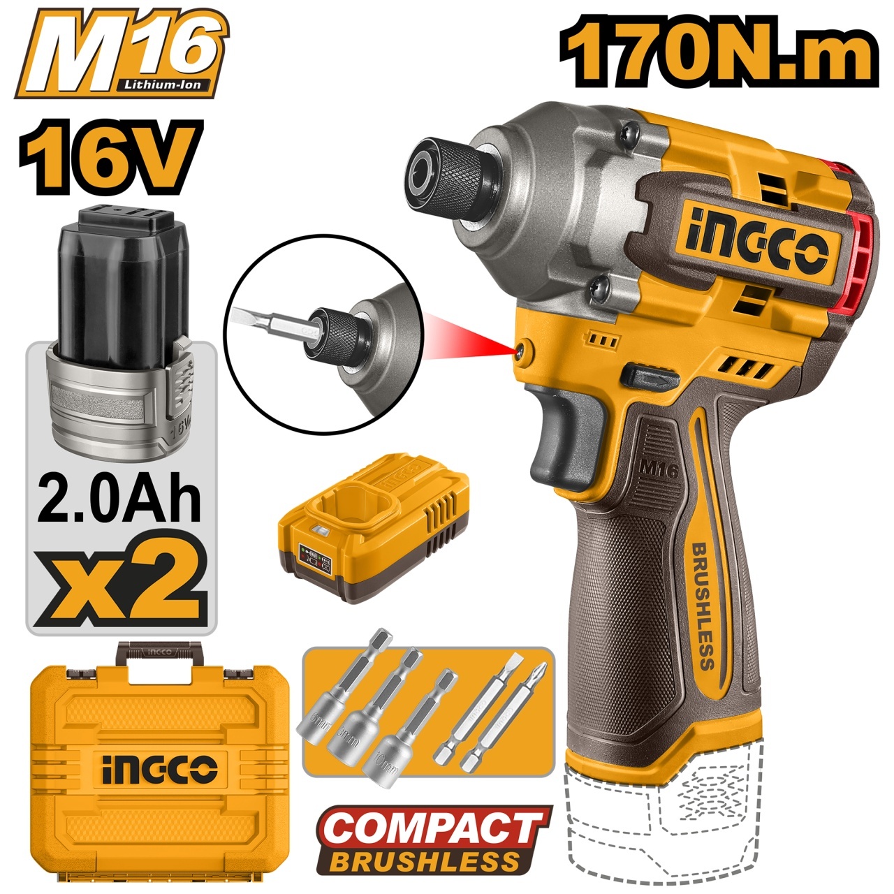Ingco Bormasină cu Impact 16V 170Nm Brushless, 2 Acumulatori