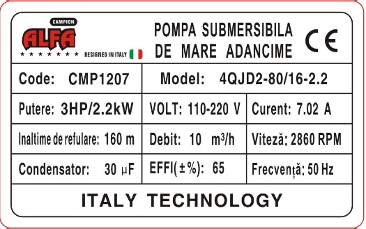 Pompa submersibila de mare adancime ALFA CMP1560, 4QJD2-80/16-2.2, 16 turbine, 2.2kW (3HP), 10.000 l/h, Hmax 160m, cablu 30m, diametru 100mm, racord 1-1.5", 110-220V, bobinaj cupru, inox – contine taxa EEE 35 RON - imagine 4