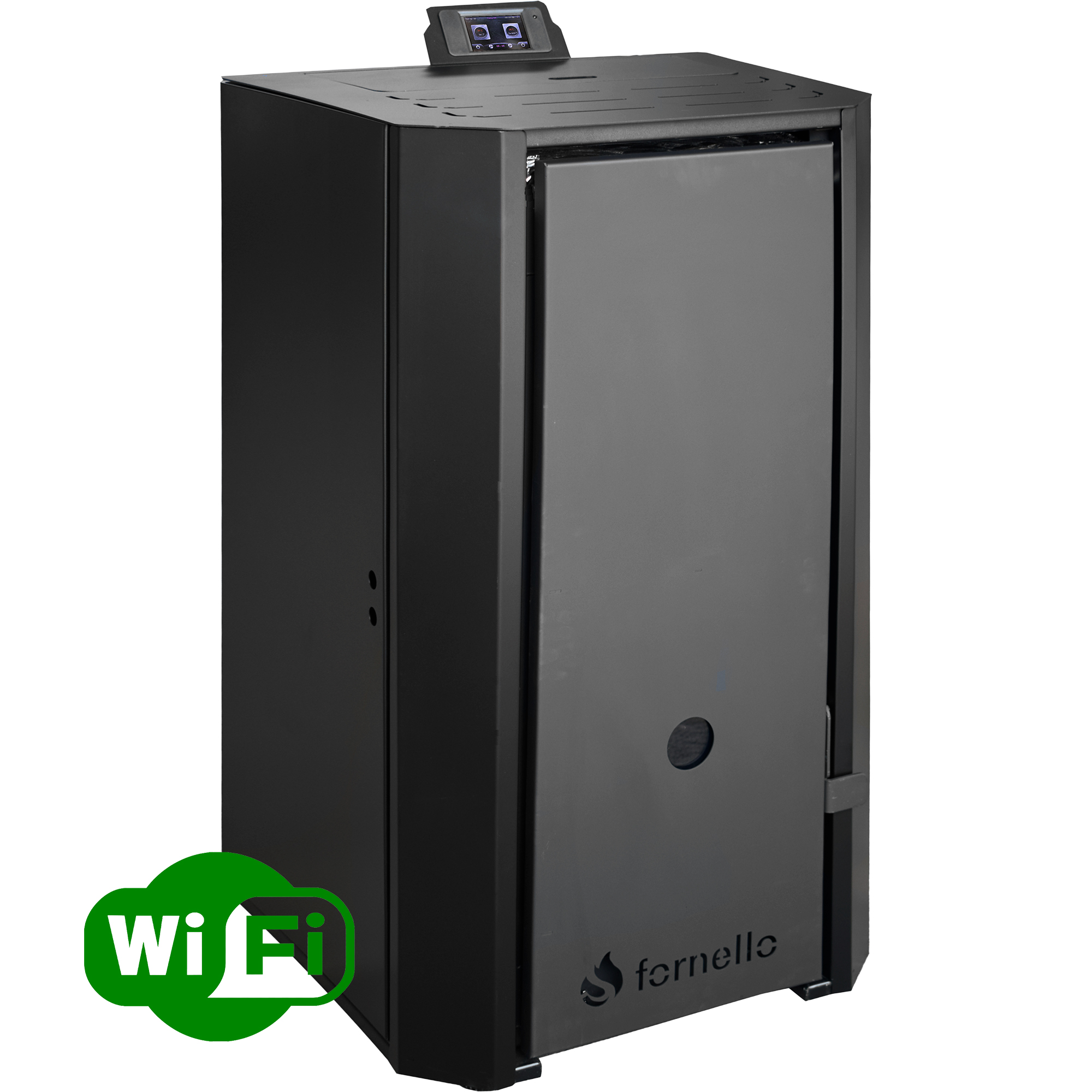 Centrala pe peleti Fornello EVA B Black 30 KW, pompa circulatie, vas expansiune, Grup siguranta, WI-FI, buncar, tiraj fortat, recomandat pentru 200 mp, Negru