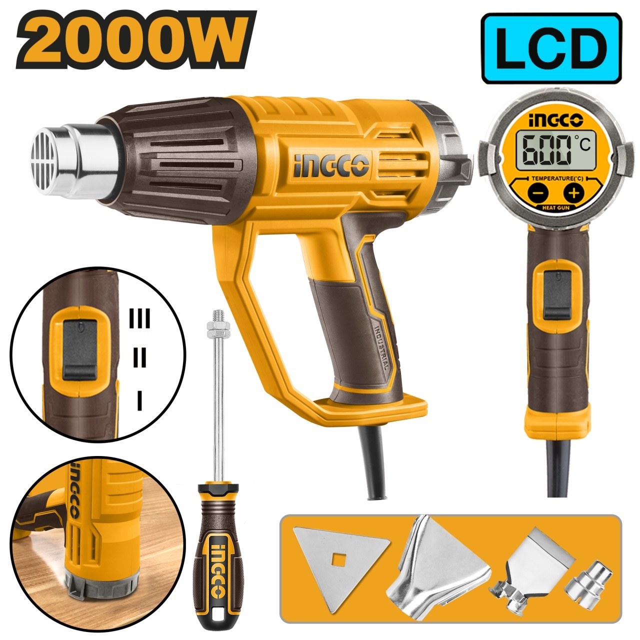Pistol cu Aer Cald 2000W HG200058 – Afisaj Digital LCD, 50-600°C, 3 Trepte Debit Aer, Set Duze Inclus