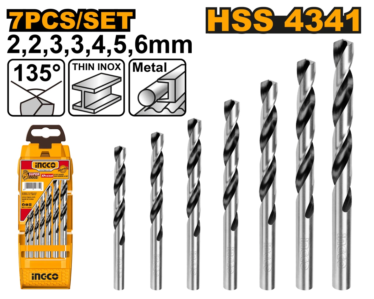 Set Burghie Metal Ingco AKD1075, 7 buc HSS 4341, 2-6 mm - imagine 2