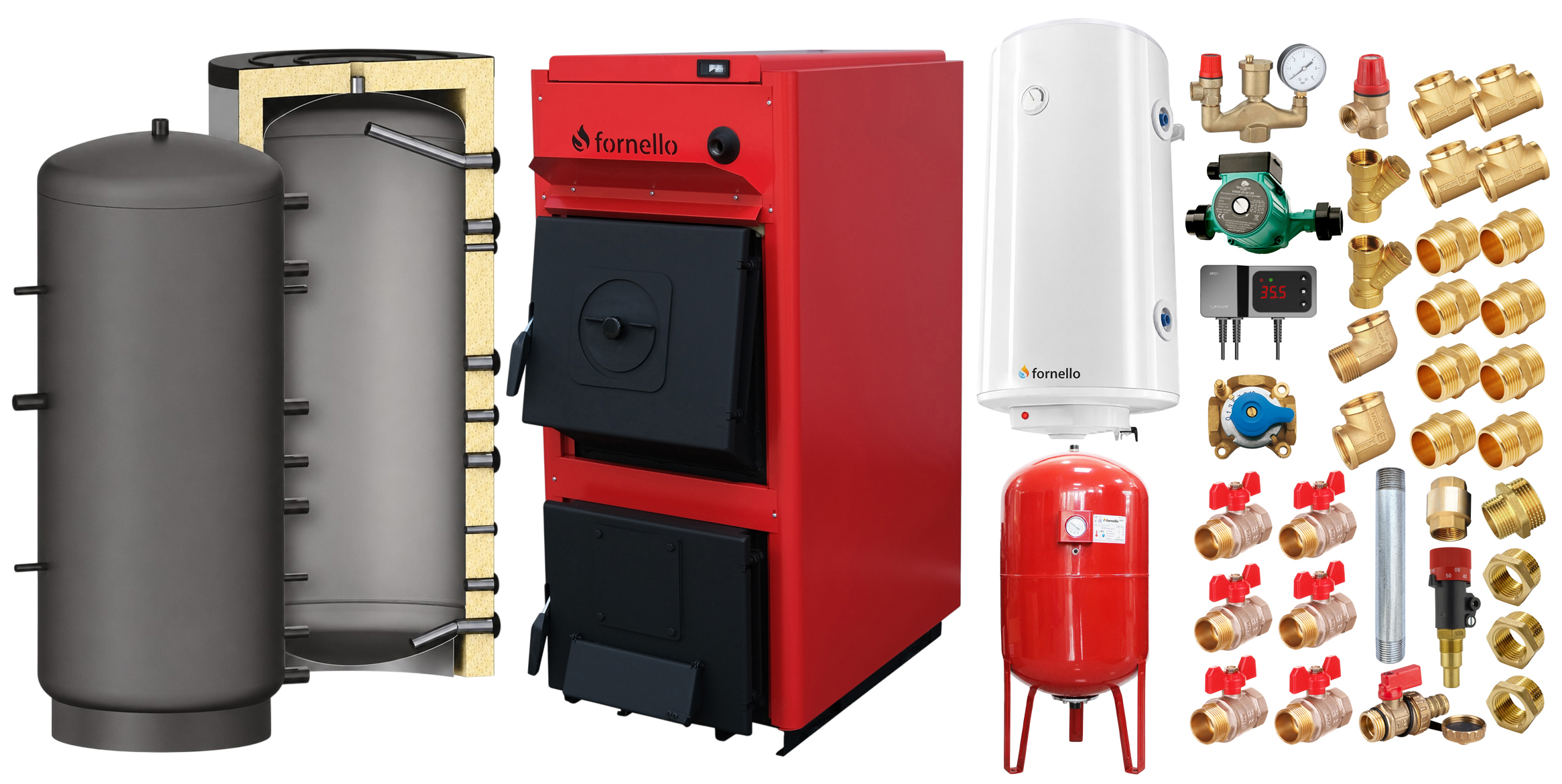 Pachet centrala pe combustibil solid Fornello T-PRO 35 kW, puffer, boiler, vas expansiune, fitinguri si accesorii de baza