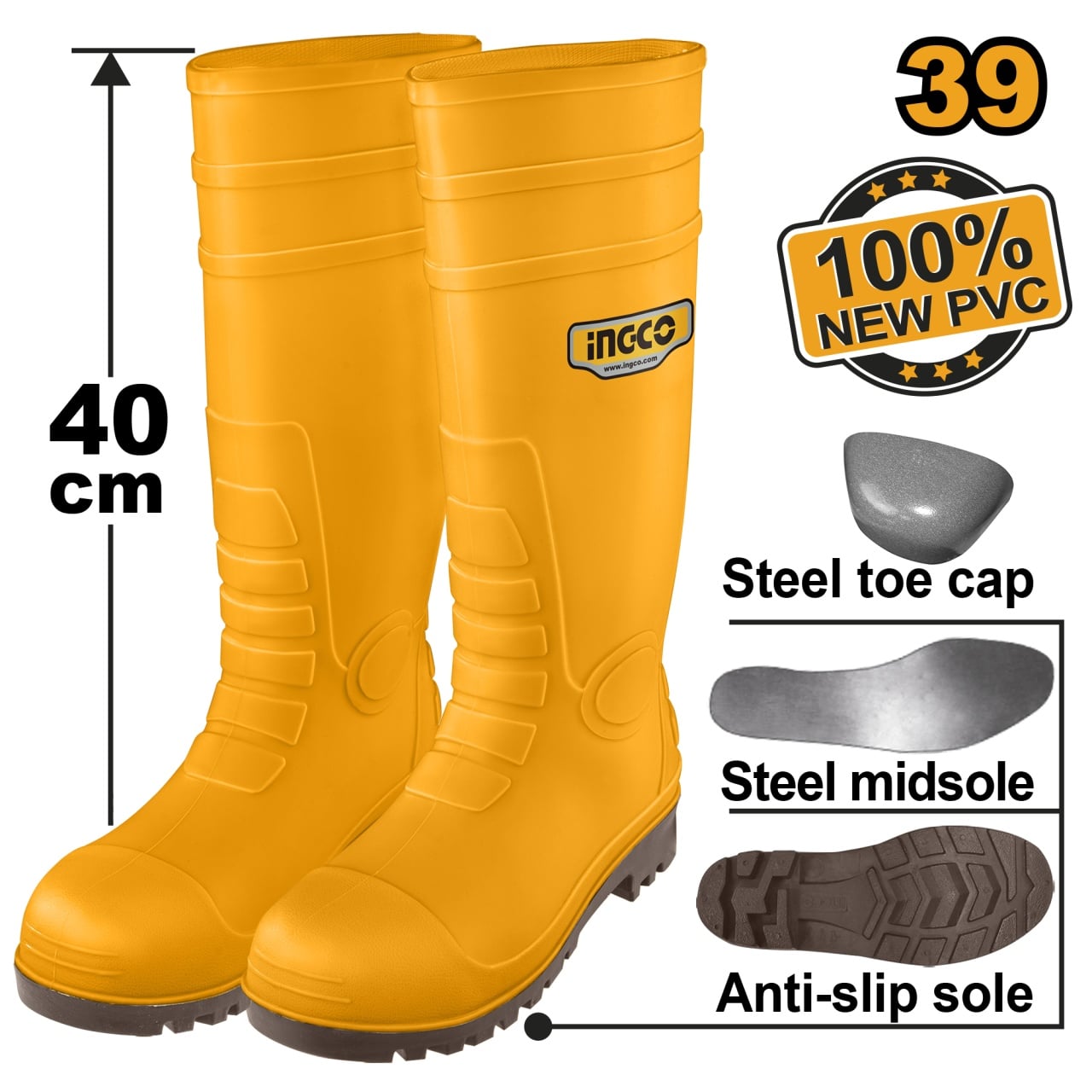 Cizme Cauciuc Galbene Varf Metalic INGCO 39