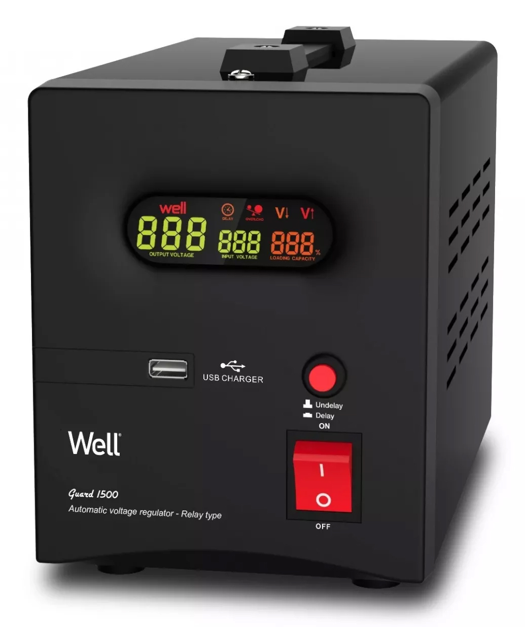 Stabilizator automat de tensiune cu releu 1500VA/900W, negru Well