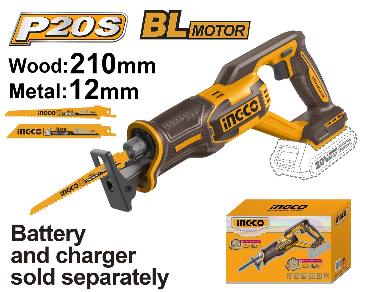 Fierăstrău Sabie 20V Ingco CRSLI2108, Brushless, 2800 rpm
