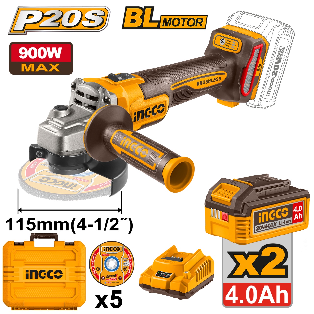 Flex Unghiular 20V 900W Brushless INGCO, 2 acumulatori 4Ah