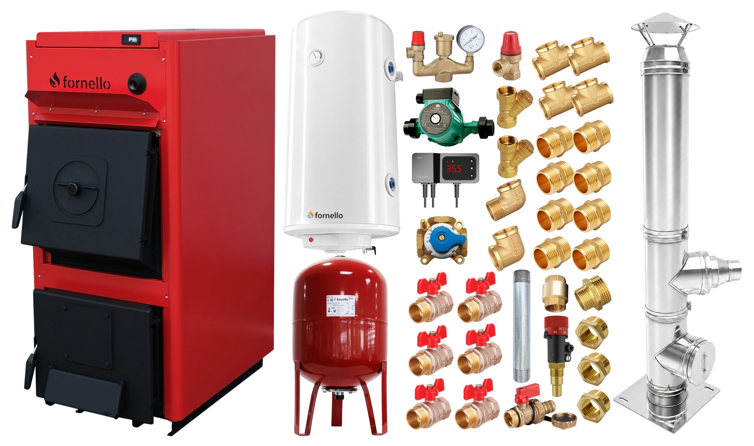 Pachet centrala pe combustibil solid Fornello T-PRO 25 kW, cos inox, boiler, vas expansiune, fitinguri si accesorii de baza