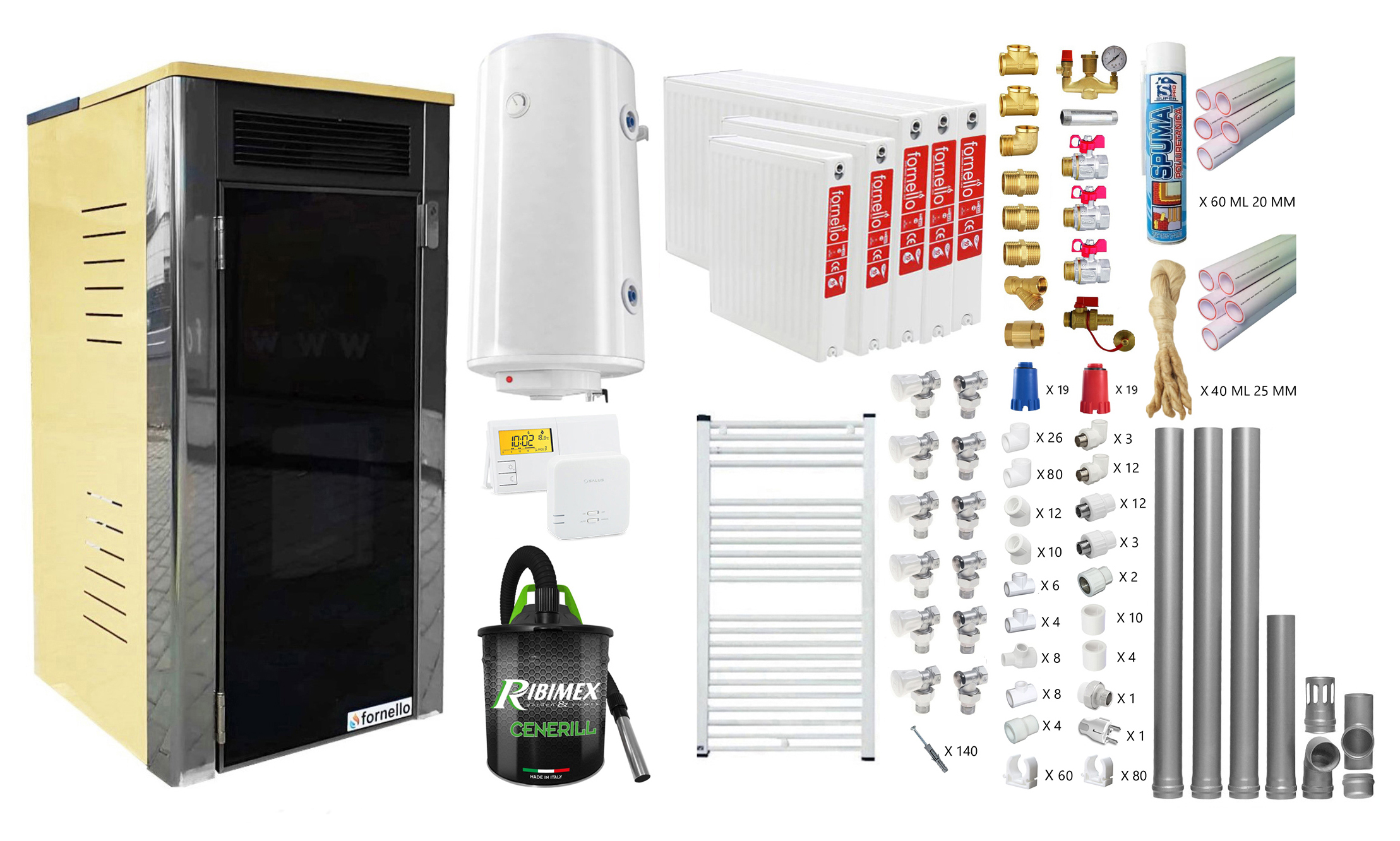 Pachet complet termoșemineu Fornello 25kW 4 camere