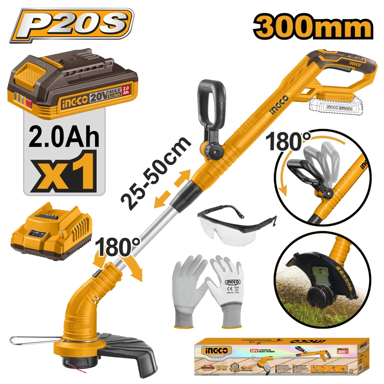 Motocoasa Electrica 20V CGTLI20301E – 8200 rpm, Diametru Taiere 300mm, Fir 1.6mm, Functie Edging, Acumulator 2.0Ah + Incarcator + Kit Protectie