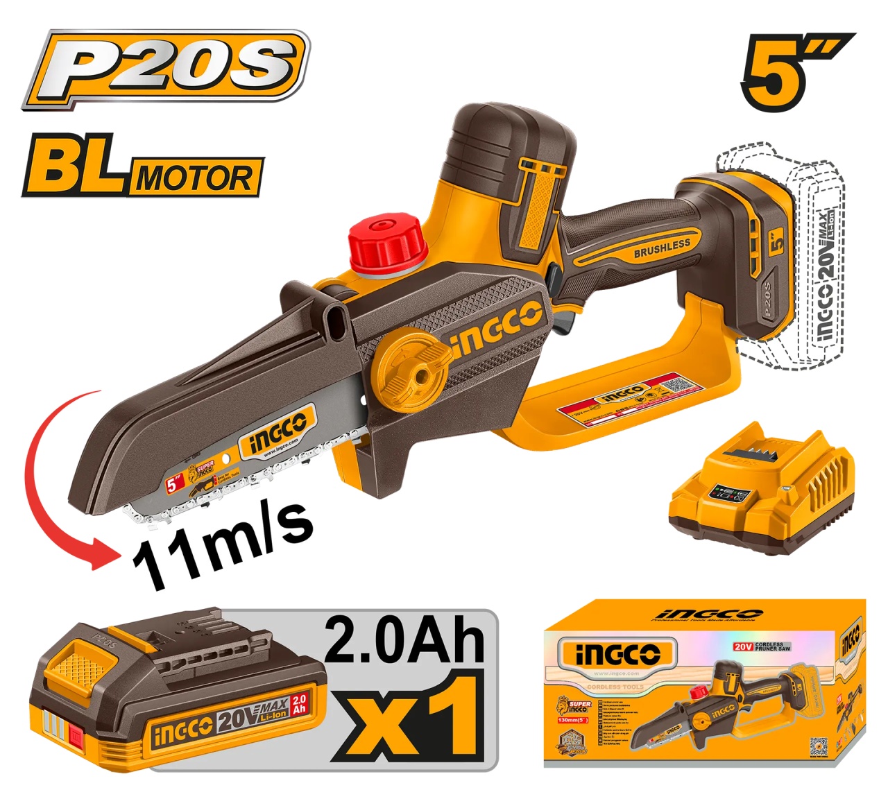 Fierăstrău de mână INGCO 20V Brushless, lamă 13cm, 2Ah