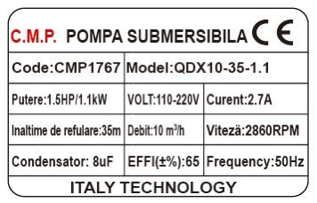 Pompa submersibila apa curata CMP1767 QDX10-35-1.1, 1.1kW, 1.5HP, debit 10 mc/h, inaltime refulare 35m, iesire 2" / 1.5" / 1", 2860RPM, 110-220V, fara plutitor - imagine 2
