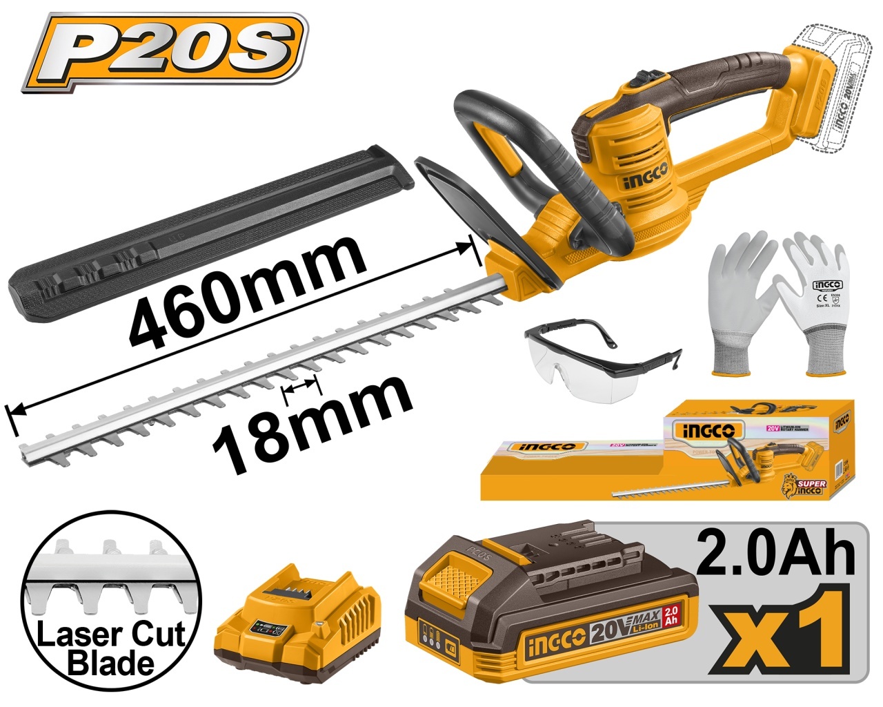 Fierăstrău Gard Viu INGCO 20V, Lamă 460mm + Acumulator 2Ah