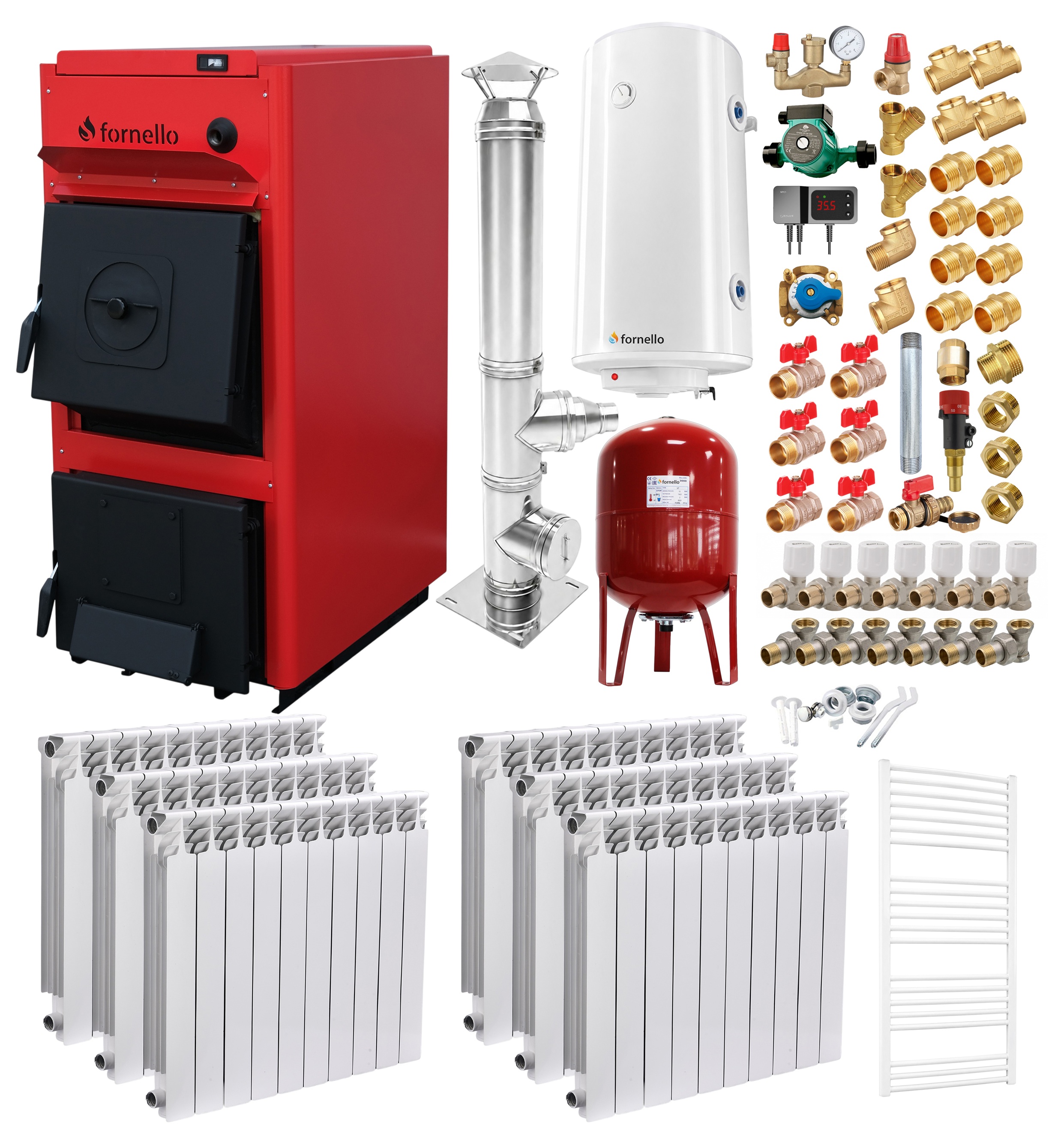 Pachet centrala pe combustibil solid Fornello T-PRO 25 kW, cos Inox, calorifere aluminiu, boiler, vas expansiune, fitinguri si accesorii de baza