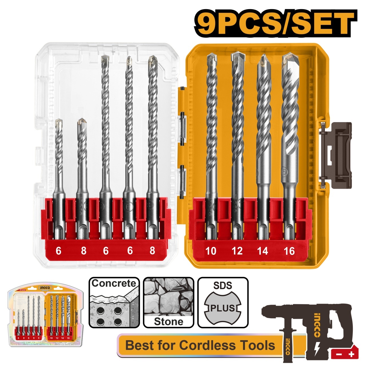 Set Burghie SDS Plus Beton 9 buc AKDL30906 – 6-16mm, 110-160mm, Burghie pentru Rotopercutor, Zidarie si Beton