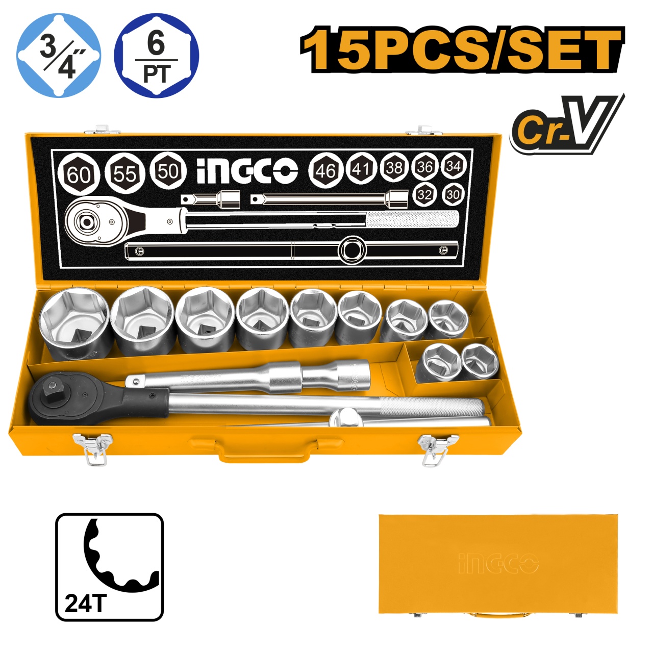 Trusa Chei Tubulare 3/4" 15buc Cr-V Ingco