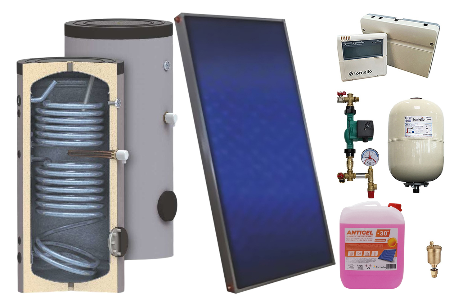 Pachet sistem solar presurizat, panou solar plan Sunsystem PК SL FP 2.0, Boiler cu 2 serpentine SON 150 l, controller, vas expansiune, grup pompare, aerisitor 1/2, antigel