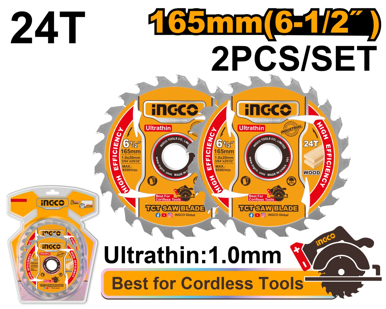 Set 2 Discuri Widia Lemn 165mm Ultra Subtire 1.0mm INGCO