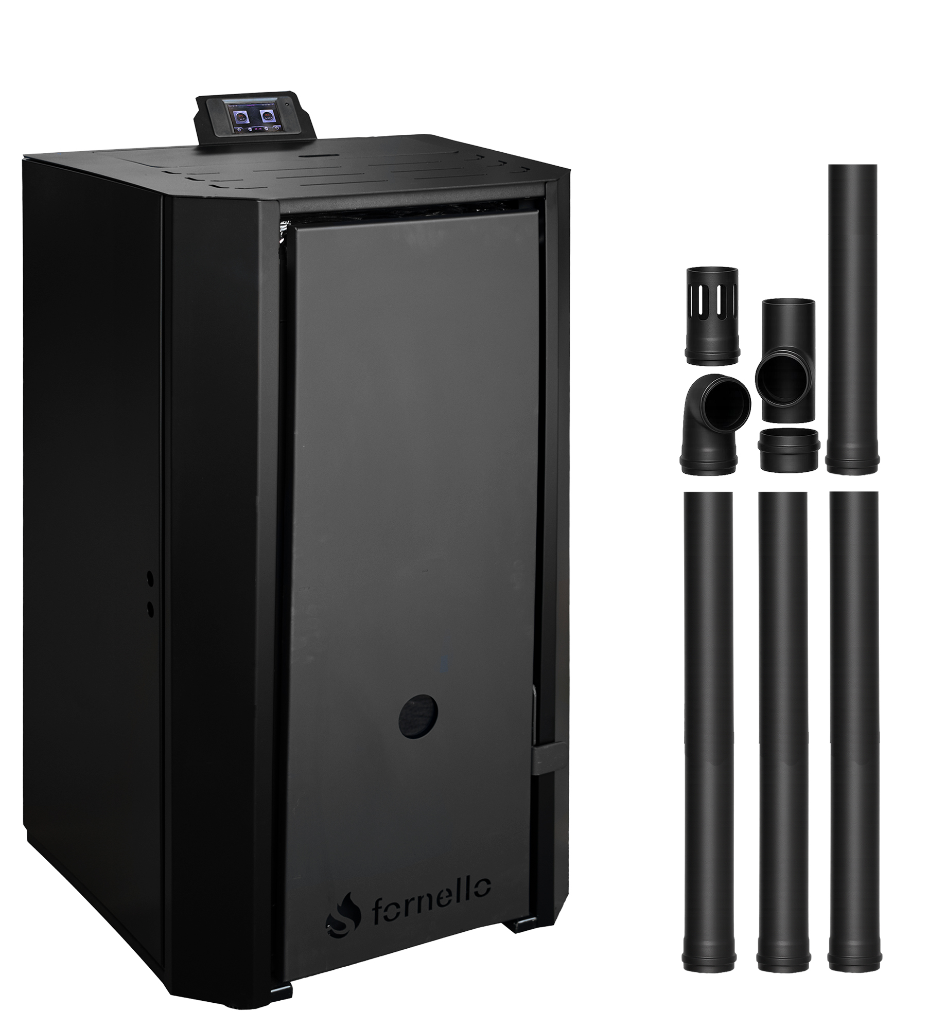 Pachet Centrala pe peleti Fornello EVA B Black 30 KW, pompa circulatie, vas expansiune, Grup siguranta, WI-FI, buncar, tiraj fortat, kit evacuare 3.5 ml, Clasa A++, recomandat pentru 200 mp, Negru