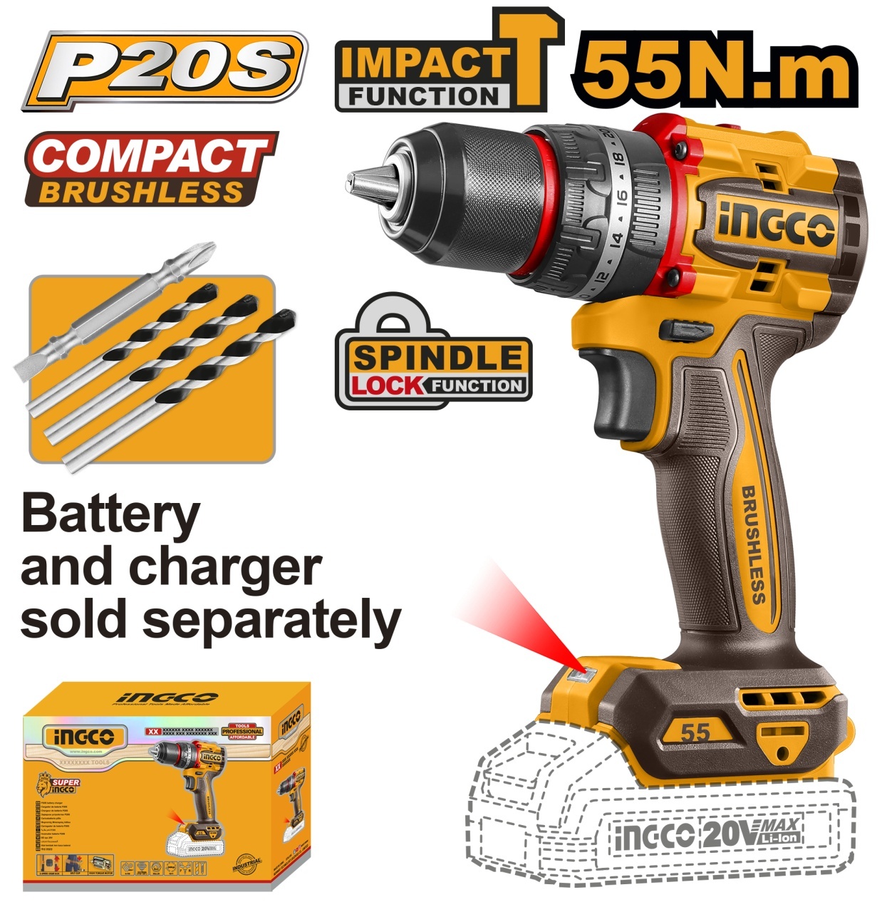 Mașină Găurit și Înșurubat Impact 20V INGCO 55Nm Brushless
