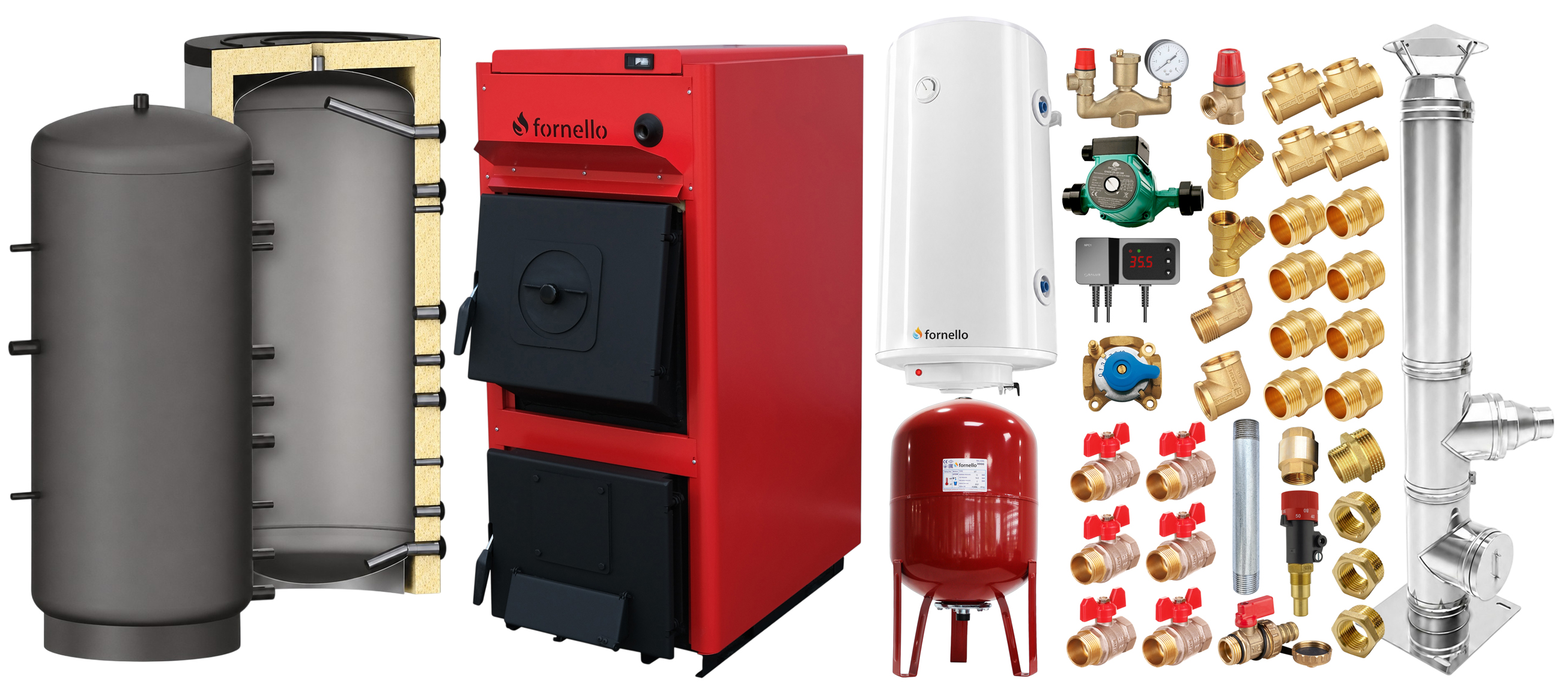 Pachet centrala pe combustibil solid Fornello T-PRO 30 kW, cos inox, puffer, boiler, vas expansiune, fitinguri si accesorii de baza