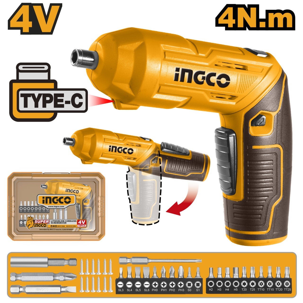 Șurubelniță Electrică Ingco 4V 4Nm, Set 24 Piese, LED